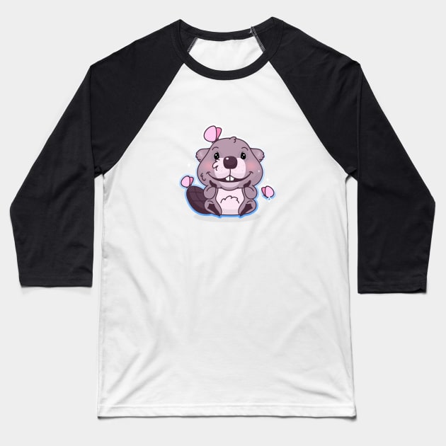 Baby beaver with butterflies Baseball T-Shirt by FUNKY BEARD